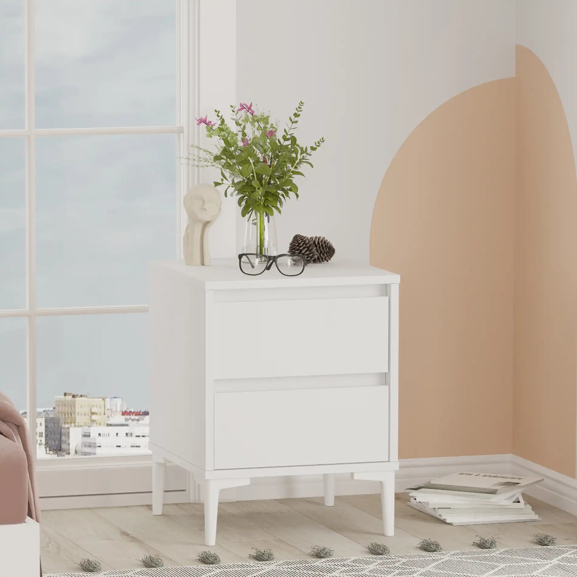 Hayl - Comodino bianco in stile moderno con 2 cassetti