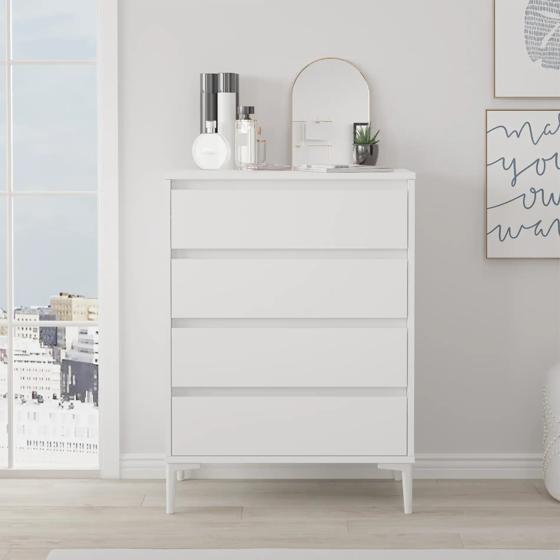 Kemiri - Cassettiera scandinava bianca con 4 cassetti