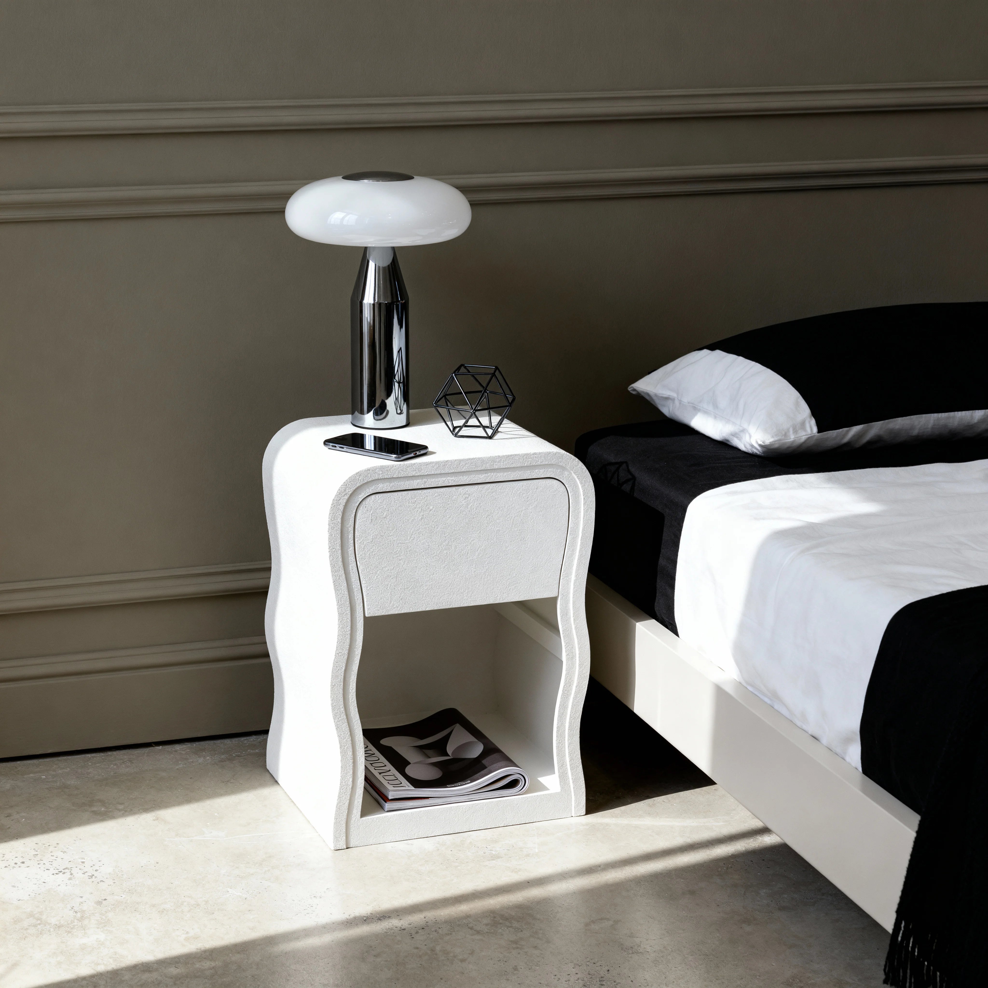 Edelweiss – Modern White MDF Bedside Table with 1 Drawer, Nightstand for Bedroom