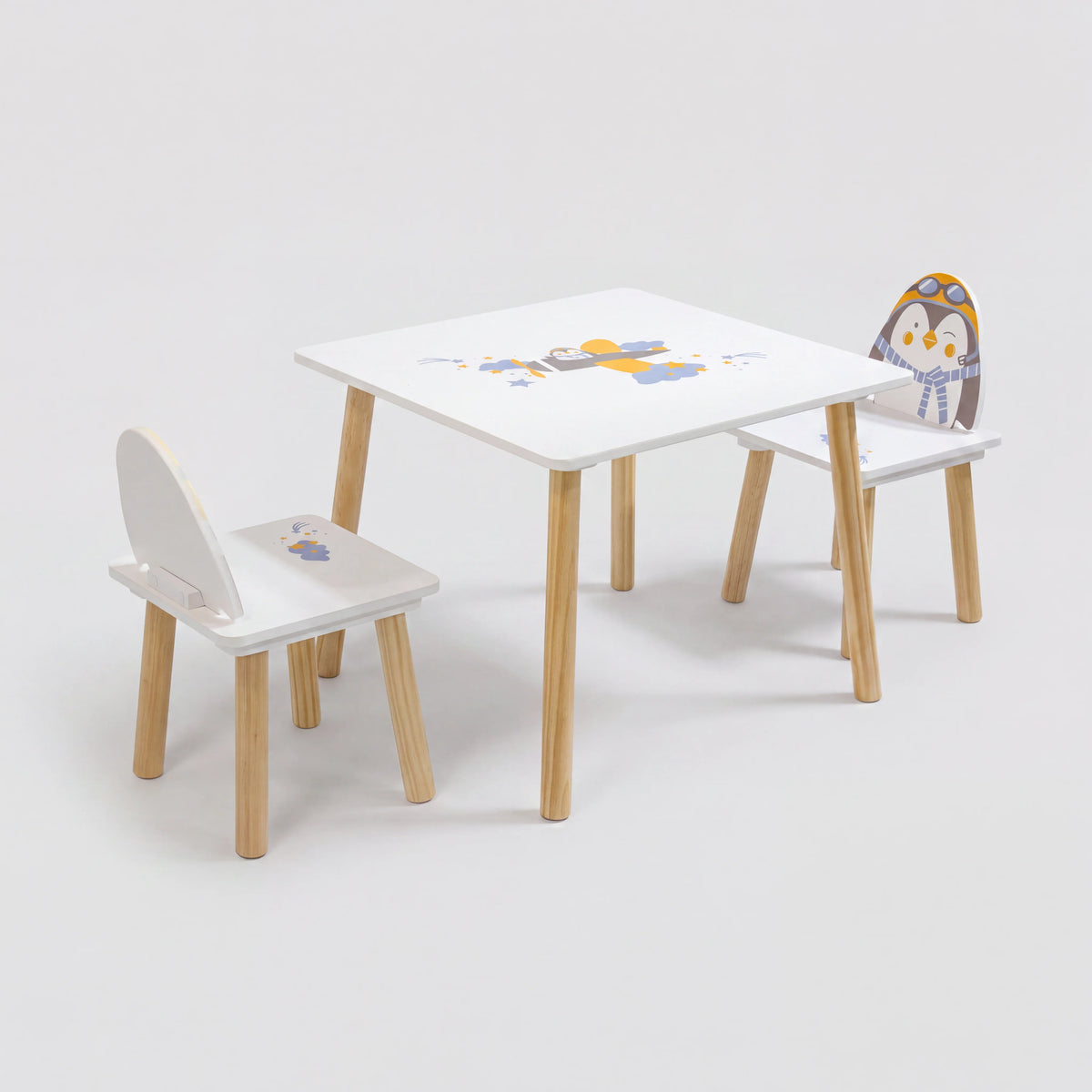 Piko - Tavolo e 2 sedie per bambini con disegno pinguino colore bianco