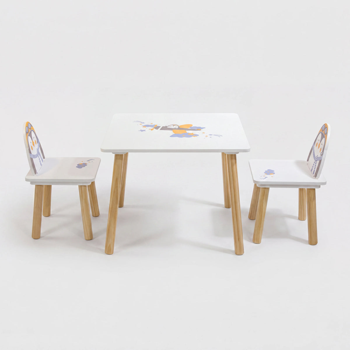 Piko - Tavolo e 2 sedie per bambini con disegno pinguino colore bianco