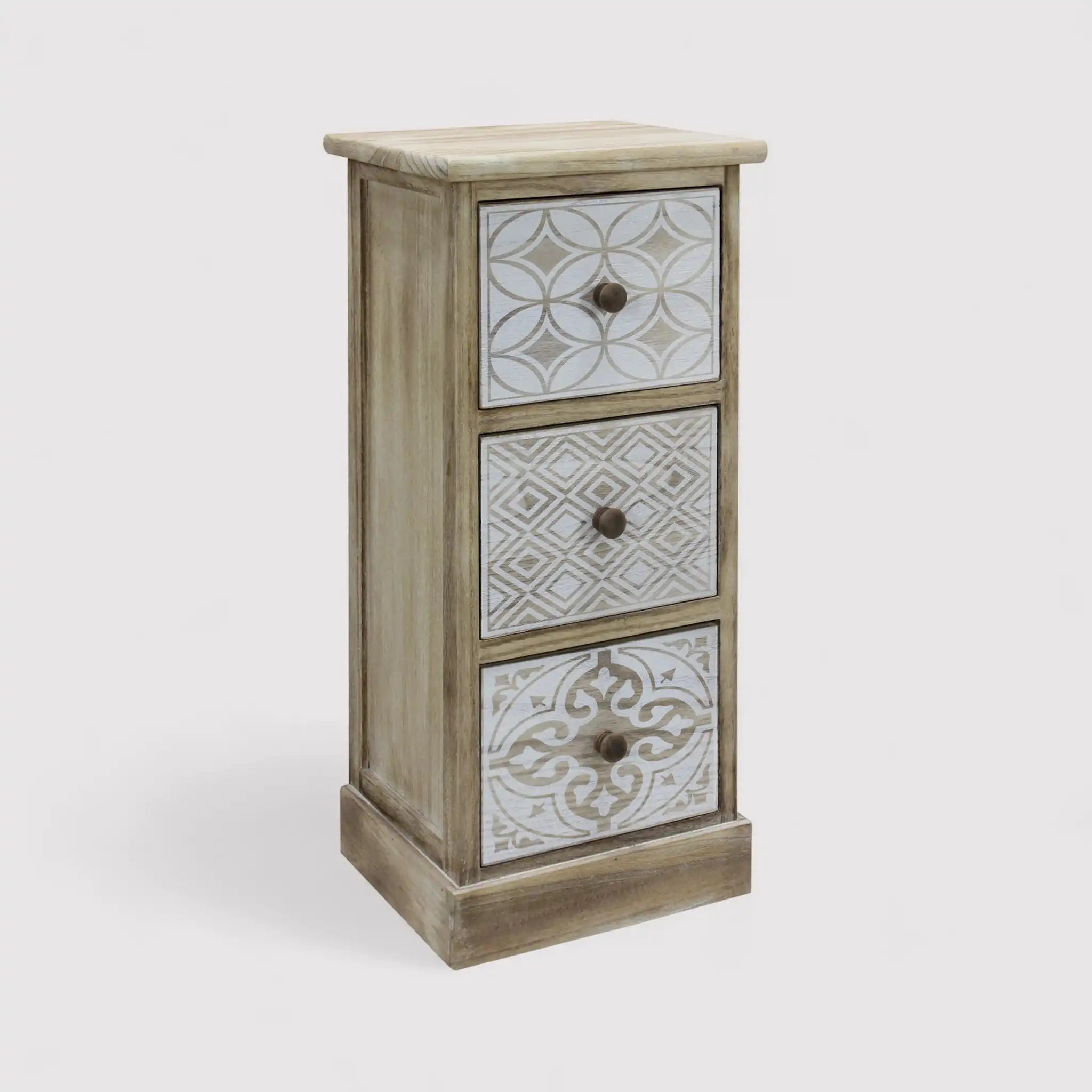 Plumeria - Comodino alto bianco in legno con 3 cassetti