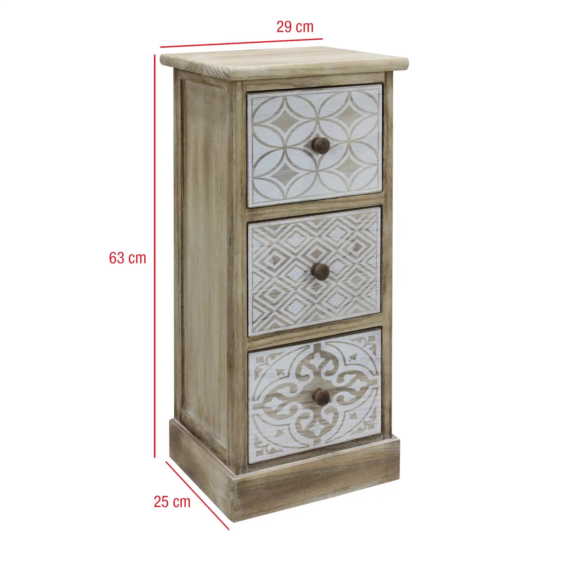 Plumeria - Comodino alto bianco in legno con 3 cassetti