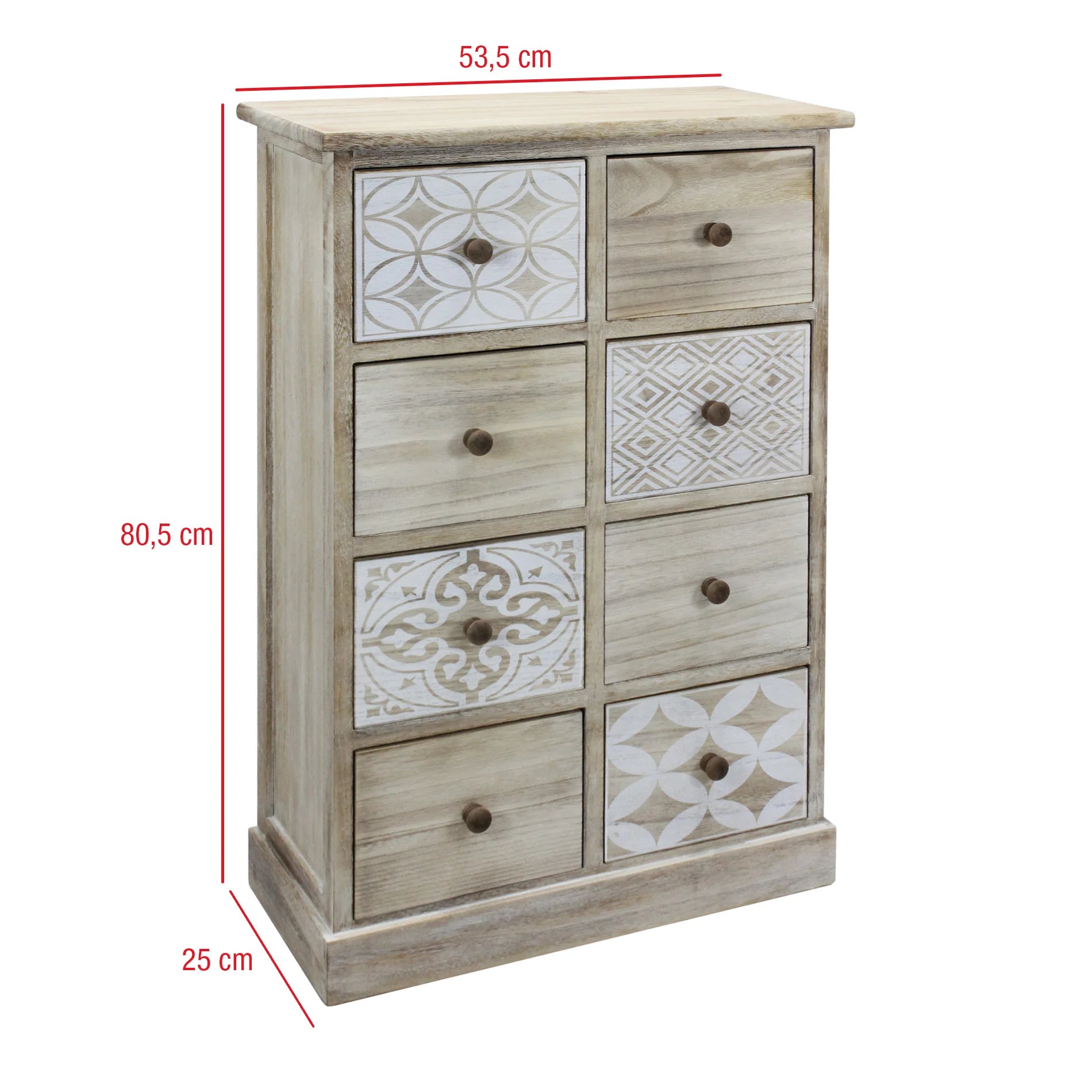 Mueble de madera con 8 cajones decorados