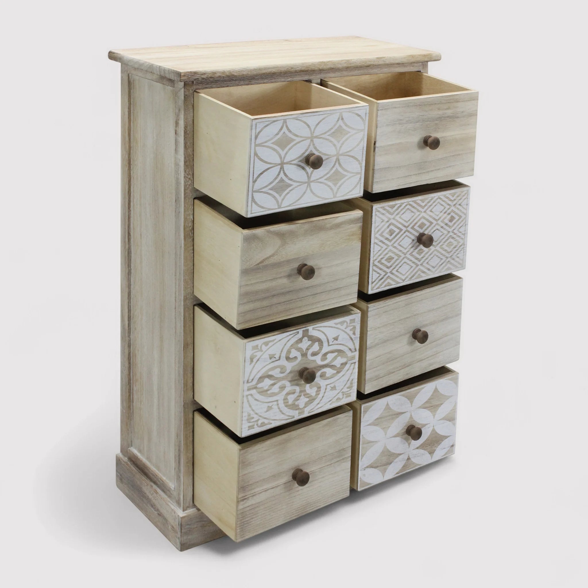 Mueble de madera con 8 cajones decorados