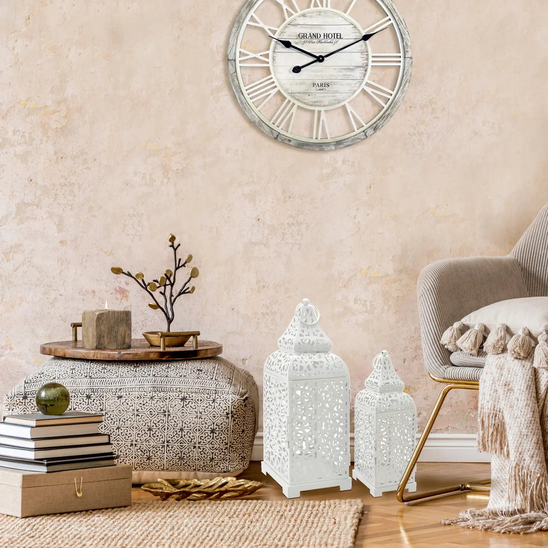 Palay - Set di 2 lanterne bianche in metallo intagliato