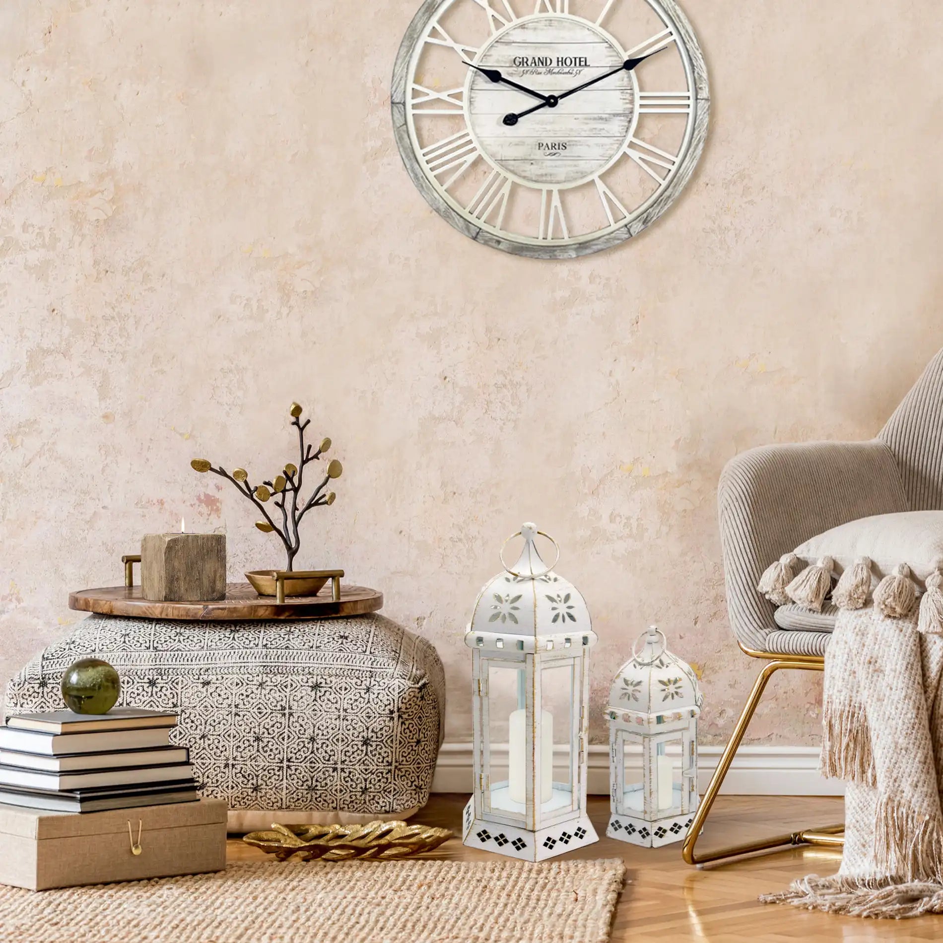 Dalia - Set di 2 lanterne bianche decorate per casa