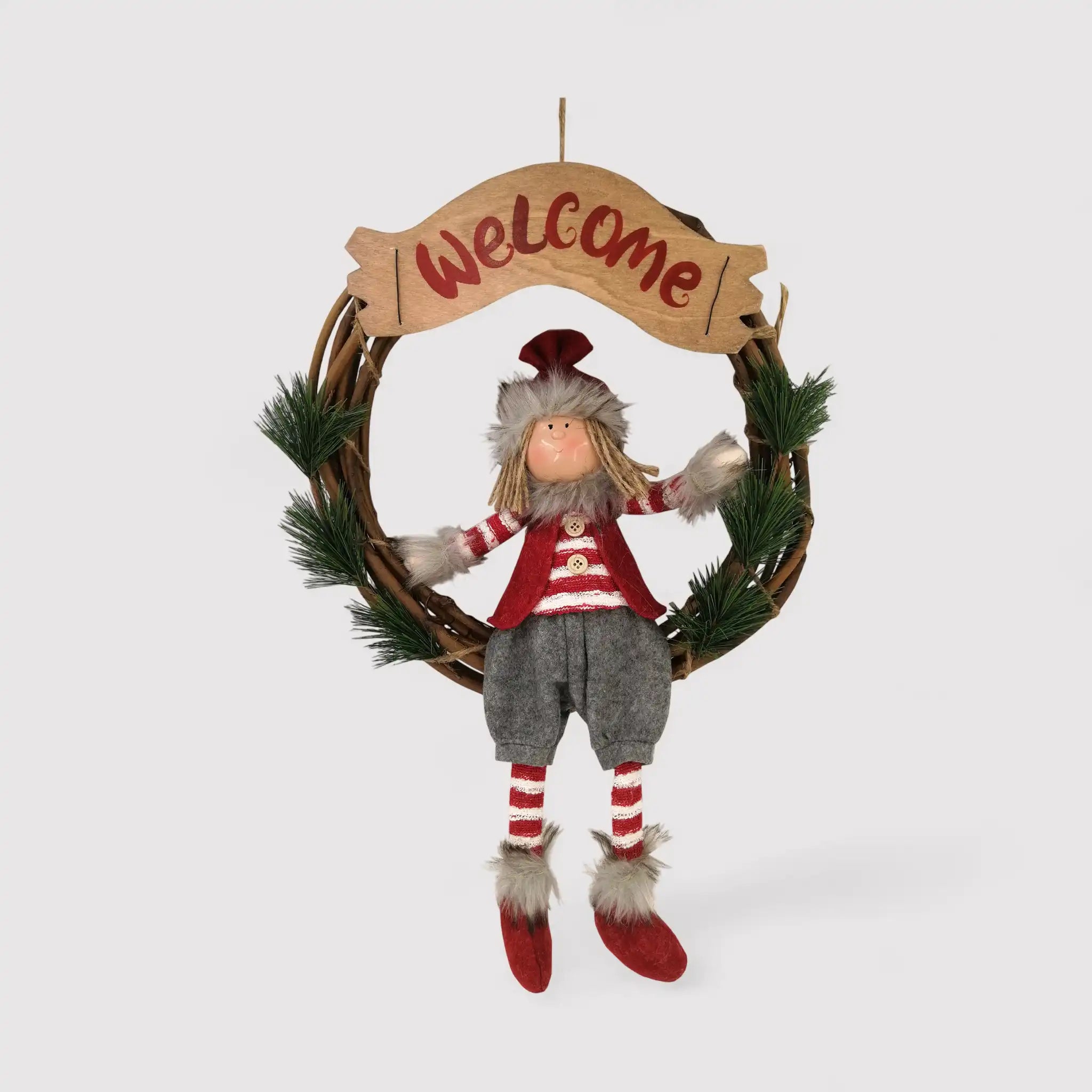 Ghirlanda di Natale per porta in tessuto e vimini