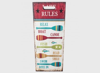 Colorful umbrella stand decorated with "Lake Rules"