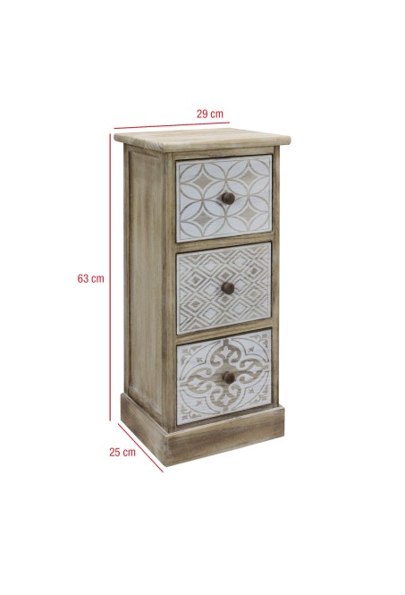 High white bedside table in natural wood with 3 drawers - Mobili