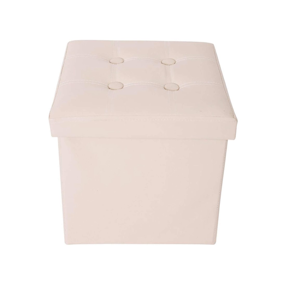 Pouf contenitore cubico artigianale in ecopelle color crema con strass, E-Italy