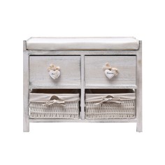 Shabby white pickled bench with 2 drawers and 2 wicker baskets