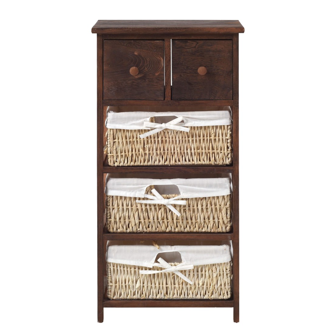 Brown wicker cabinet with 2 drawers and 3 baskets