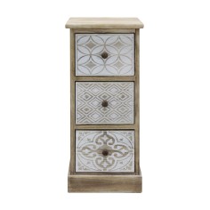 High white bedside table in natural wood with 3 drawers