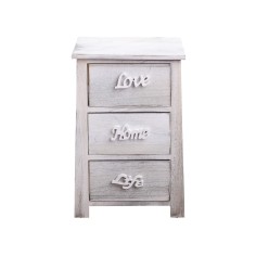 Table de chevet blanche shabby chic avec écriture en relief et 3 tiroirs