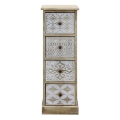 White wooden chest of drawers with 4 decorated drawers