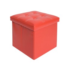 Cube-shaped padded red storage pouf