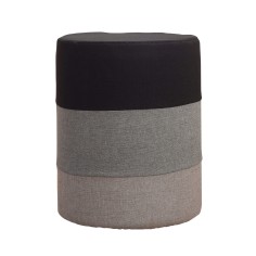 Round padded ottoman with black gray and beige stripes