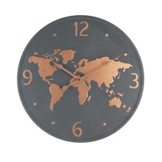 Reloj de metal negro con decoración de mapamundi