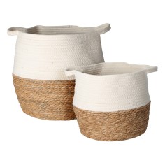 Set of 2 straw and cotton storage baskets
