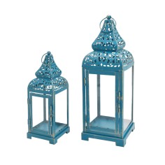 Set of 2 blue metal lanterns for home or garden