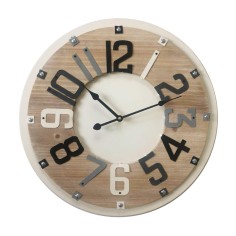 Modern wall clock in wood and metal with black gray numbers