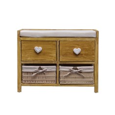 Beige shabby bench with 2 drawers and 2 wicker baskets