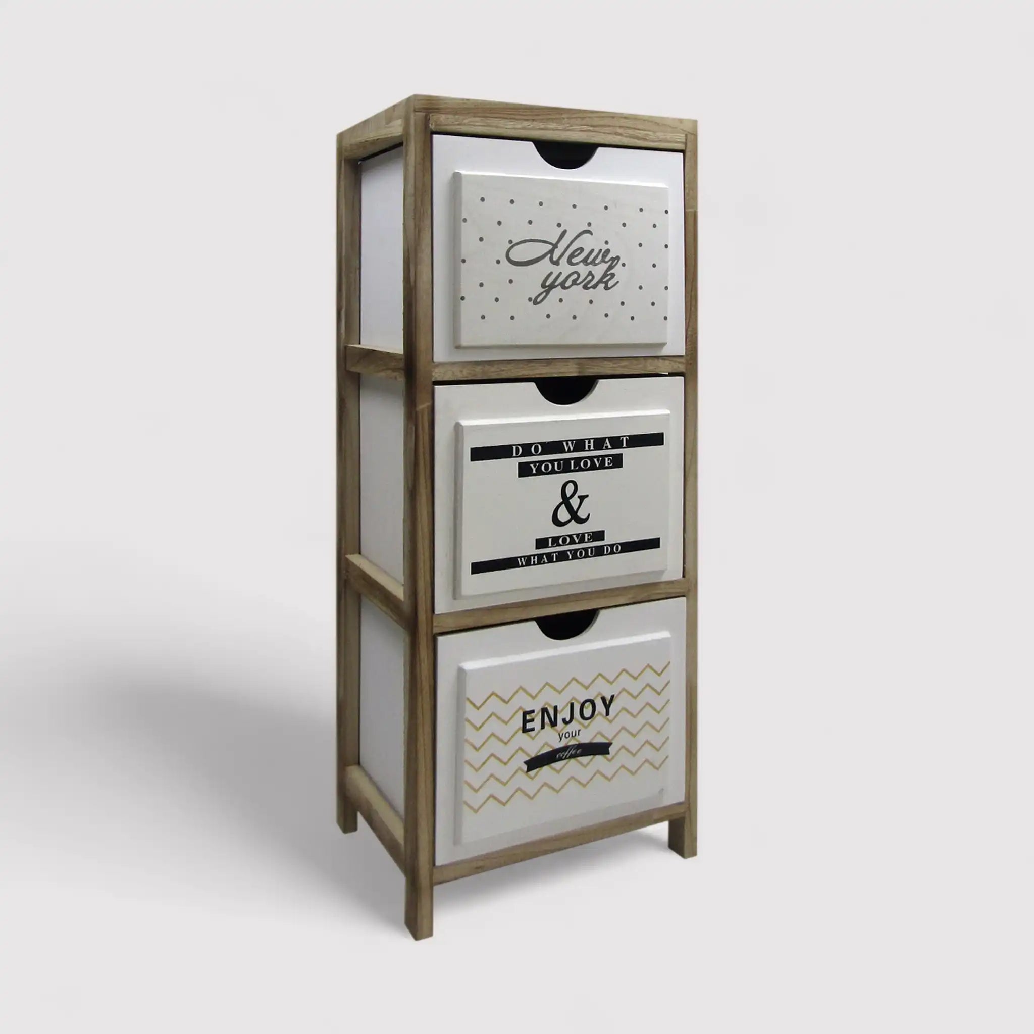 Mesita de noche de estilo nórdico con 3 cajones decorados