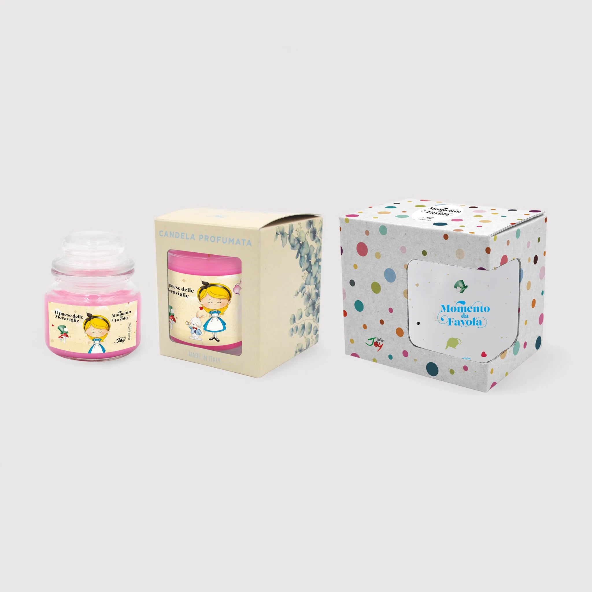 Set tazza tema "Il paese delle meraviglie" e 2 candele profumate fragranza benessere