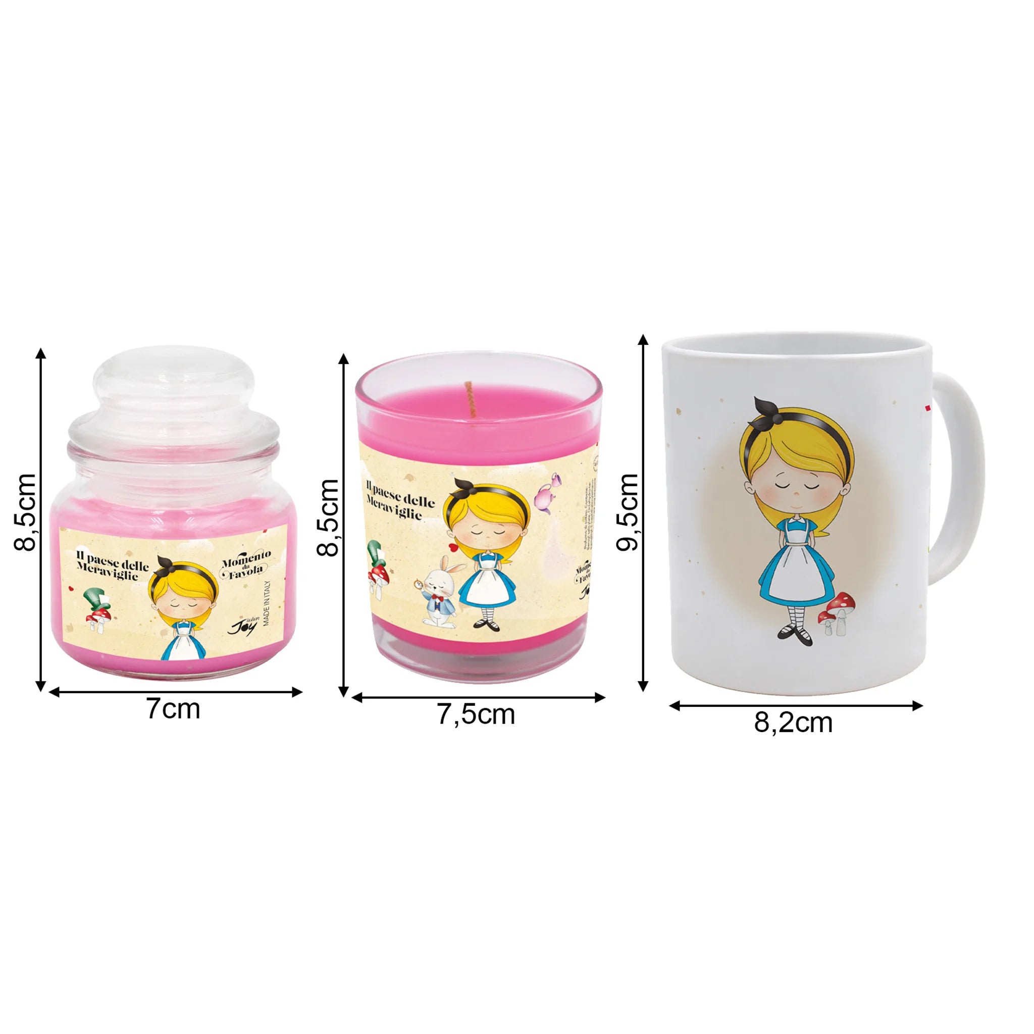 Set tazza tema "Il paese delle meraviglie" e 2 candele profumate fragranza benessere