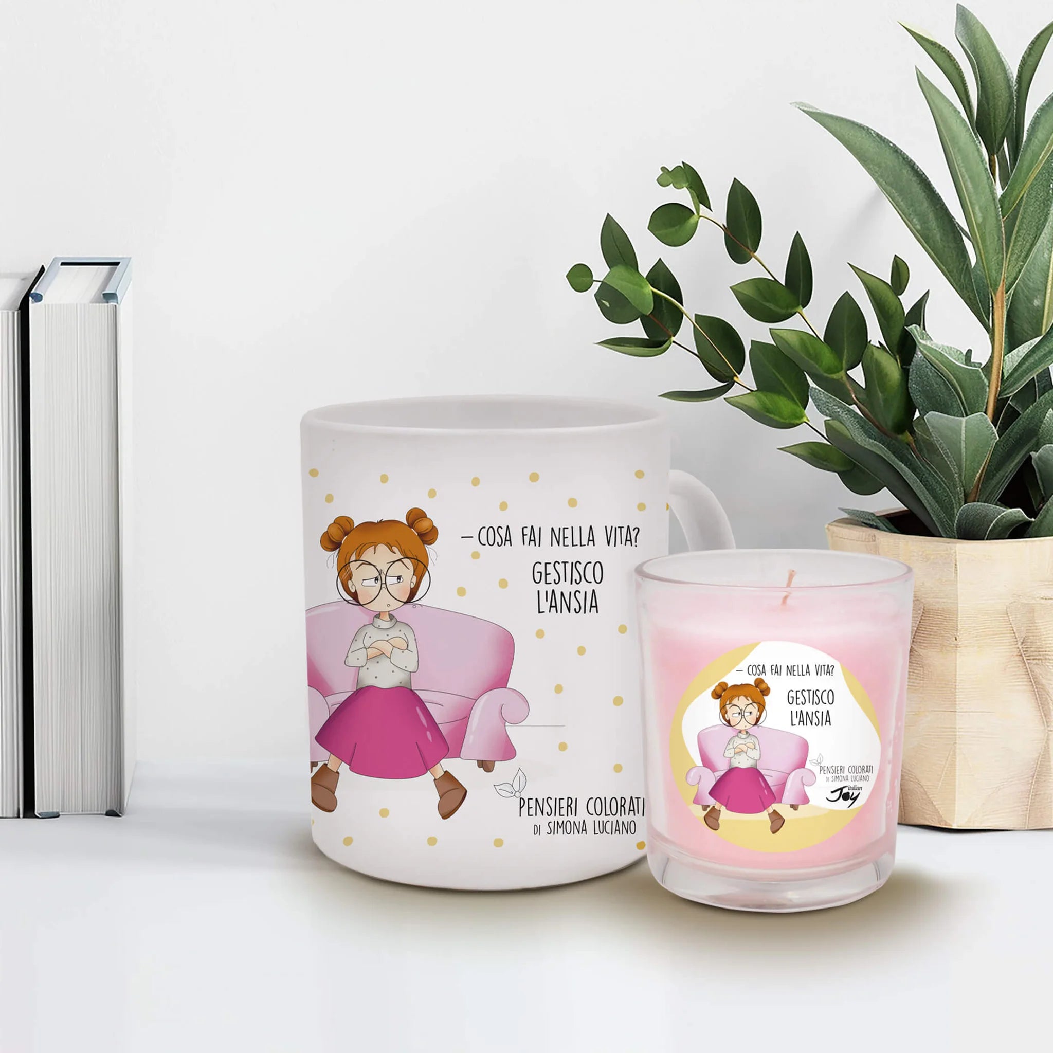 Set 1 tazza in ceramica e bicchiere con candela fragranza rosa