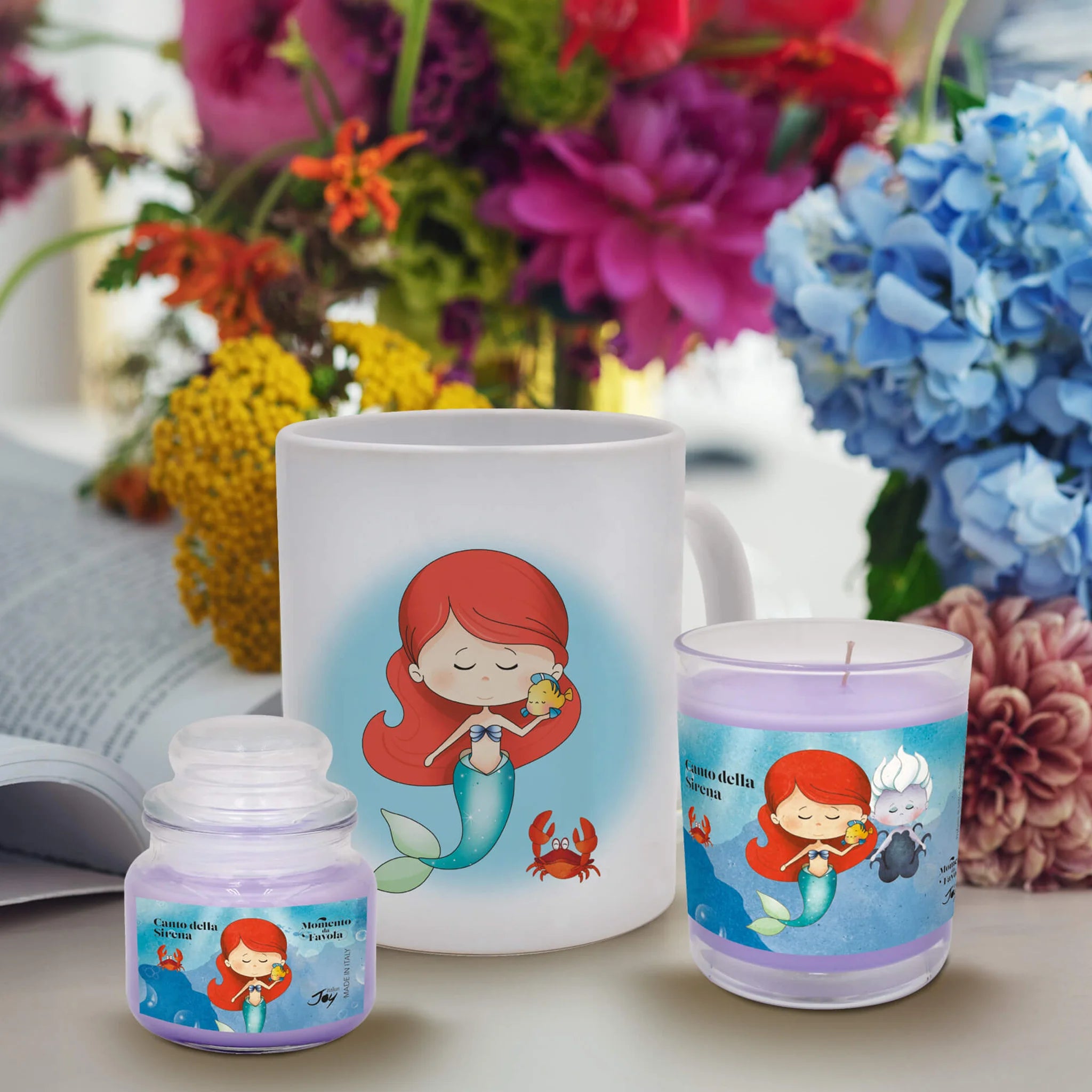 Set tazza tema "Canto della sirena" e 2 candele profumate fragranza lavanda