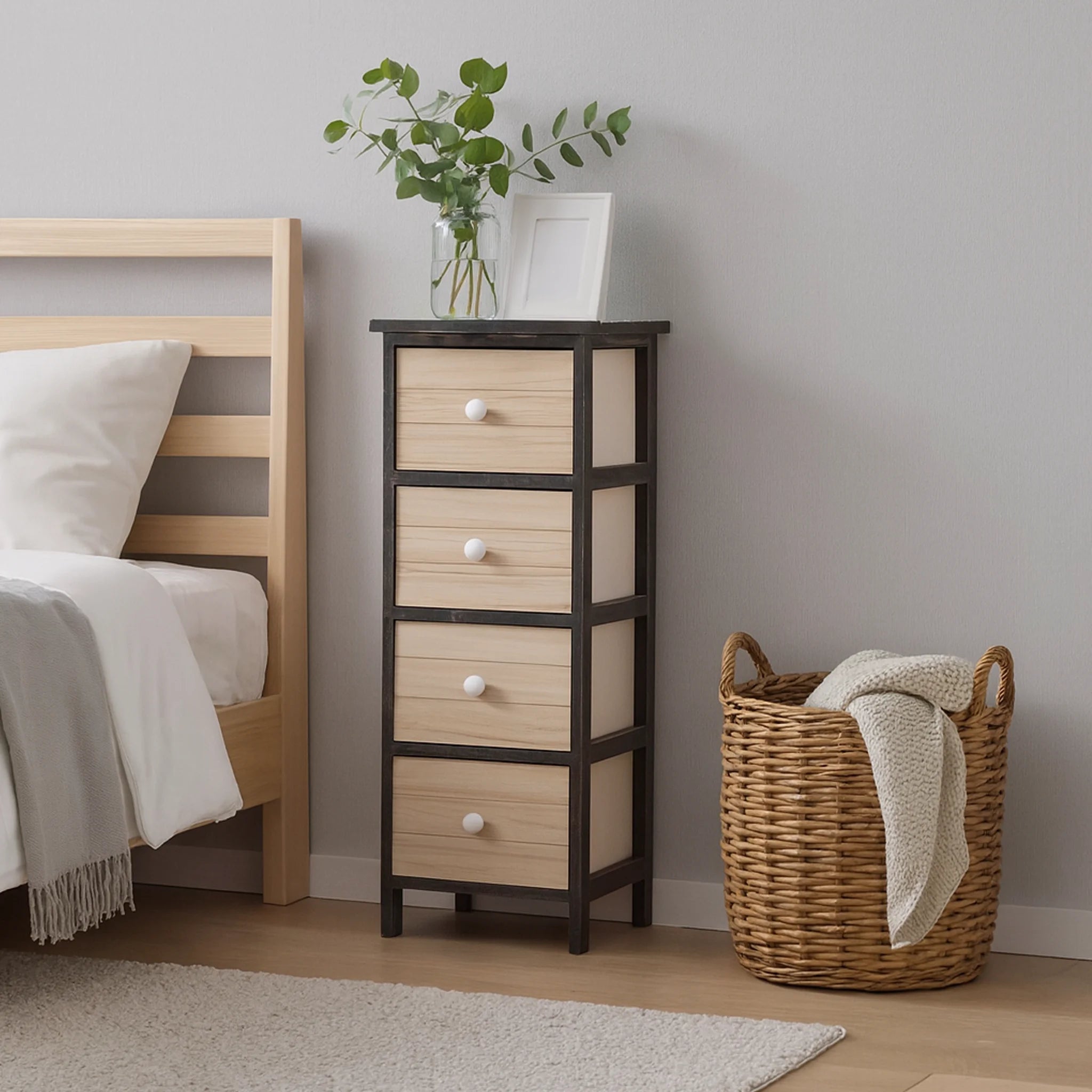 Zamia - Cassettiera in legno chiaro con 4 cassetti incisi