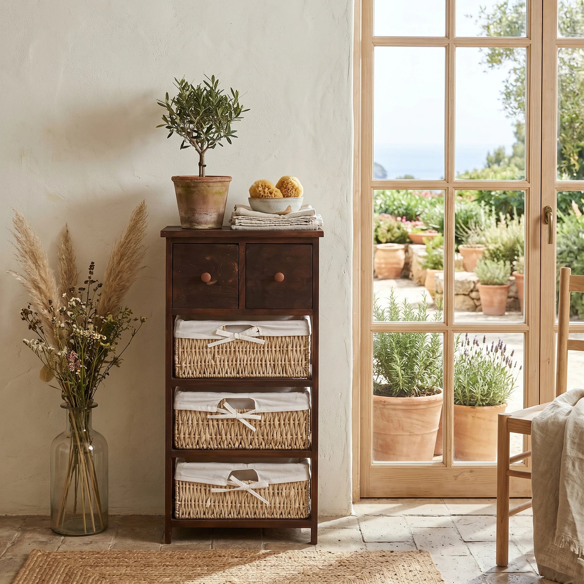 Erica - Mobiletto in vimini marrone con 2 cassetti e 3 cestini