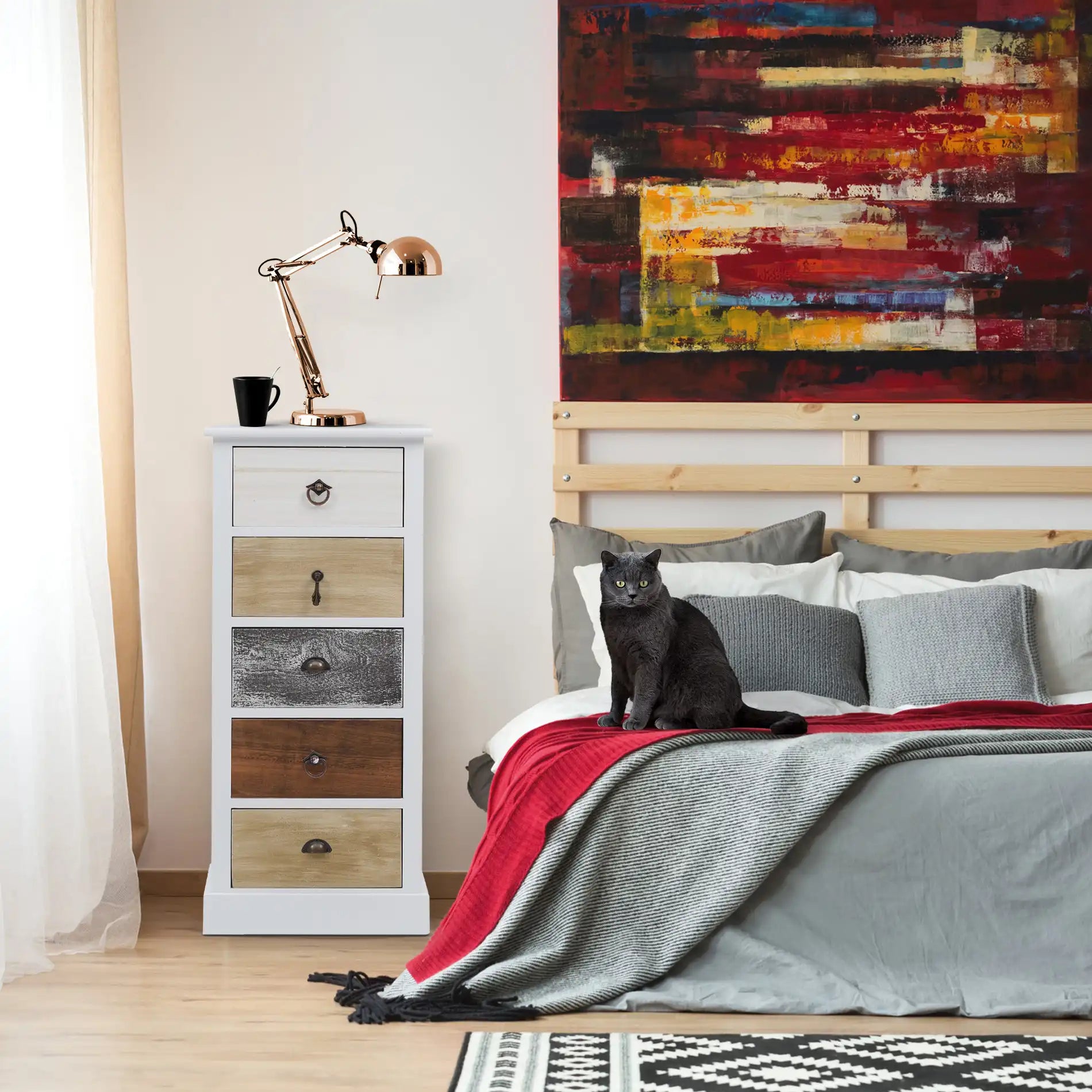 Adianto - Cassettiera alta e stretta vintage con 5 cassetti