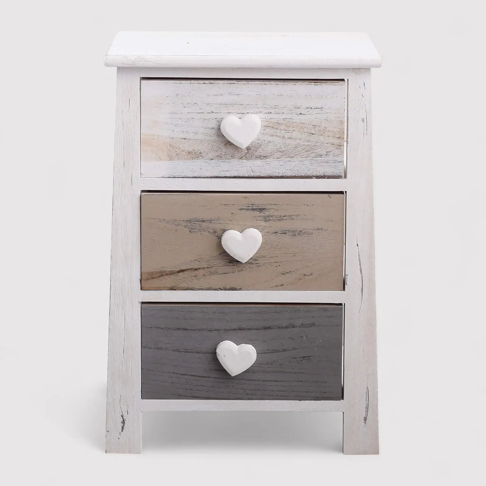 Eugenia - Comodino shabby chic con pomelli a cuore e 3 cassetti