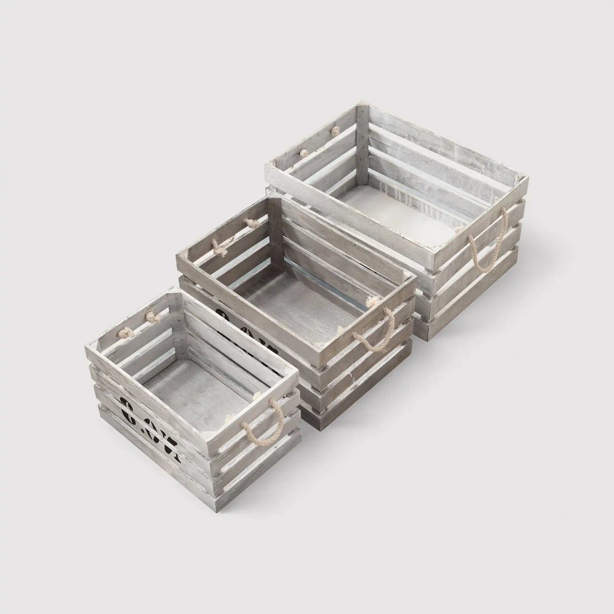 Set de 3 boîtes en bois shabby blanches décorées