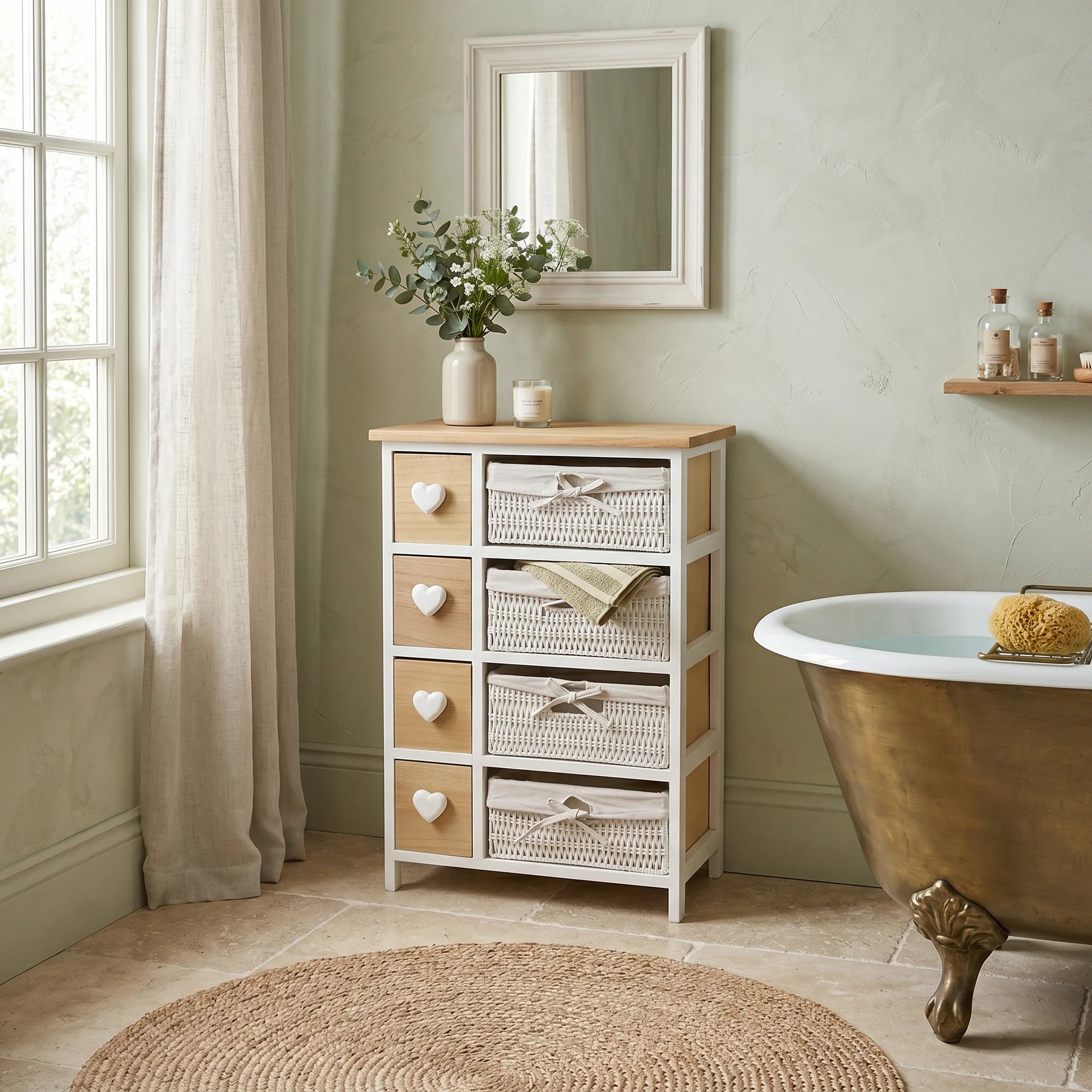 Calendula - Cassettiera shabby bianca con 4 cassetti e 4 cestini