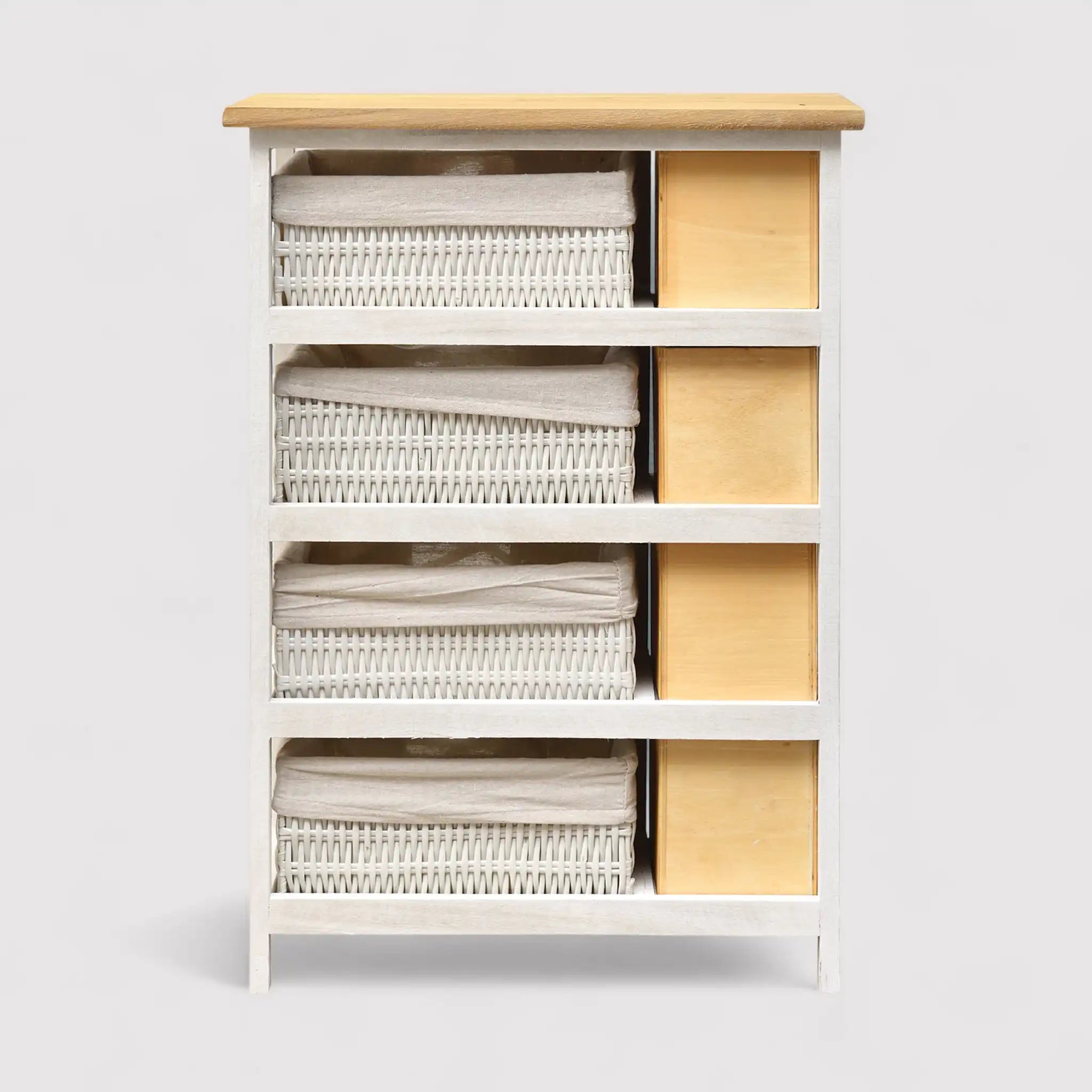 Calendula - Cassettiera shabby bianca con 4 cassetti e 4 cestini