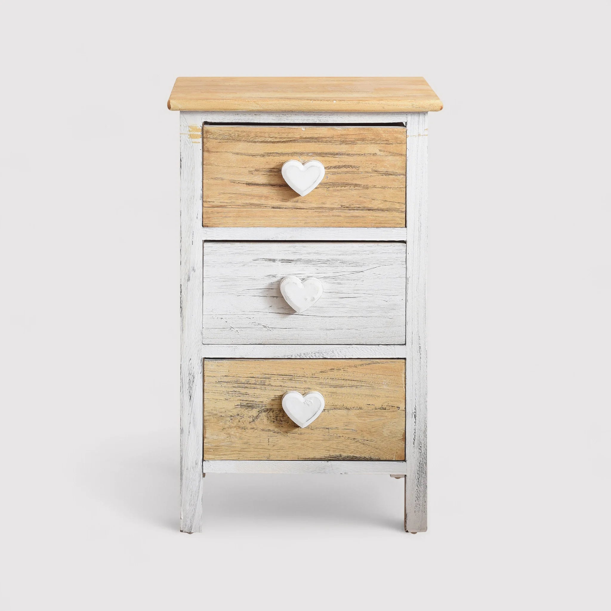 Tillasandia - Comodino shabby chic bianco e beige con 3 cassetti