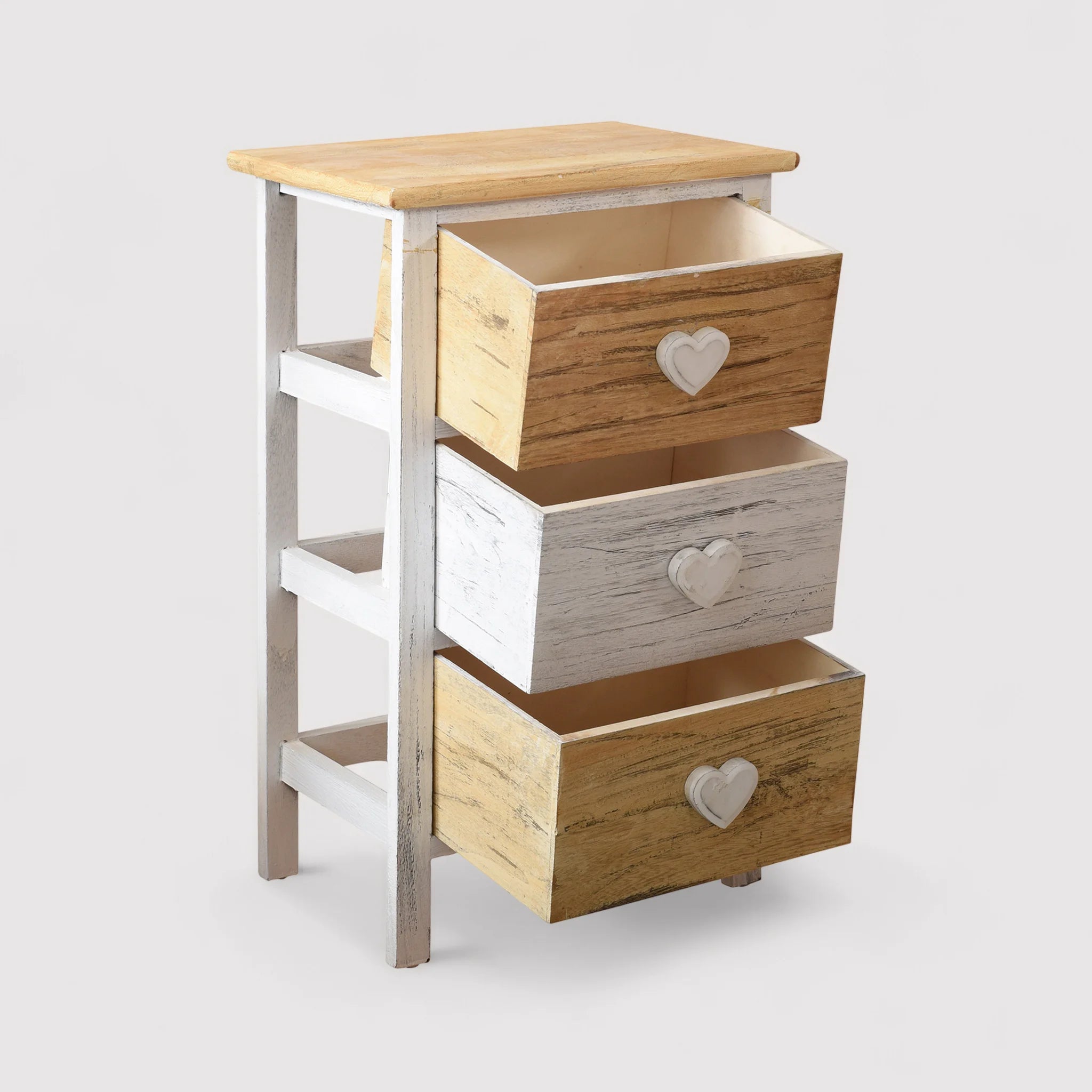 Tillasandia - Comodino shabby chic bianco e beige con 3 cassetti