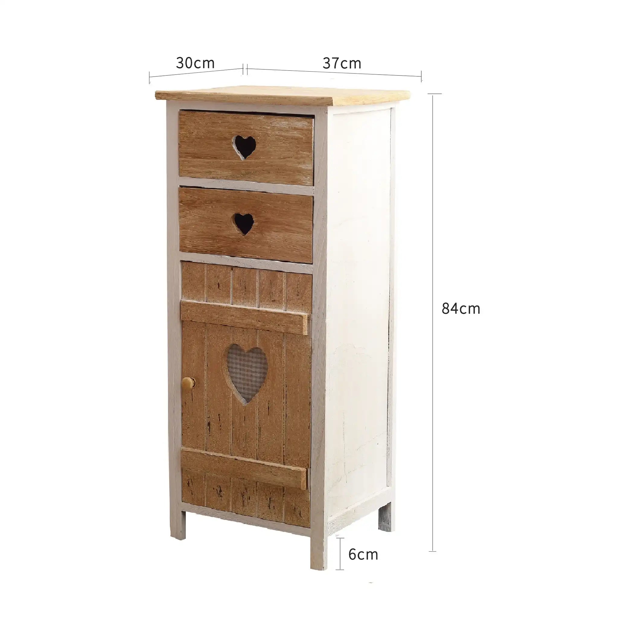 Shabby Schrank mit 1 Tür und 2 Schubladen mit Herzen