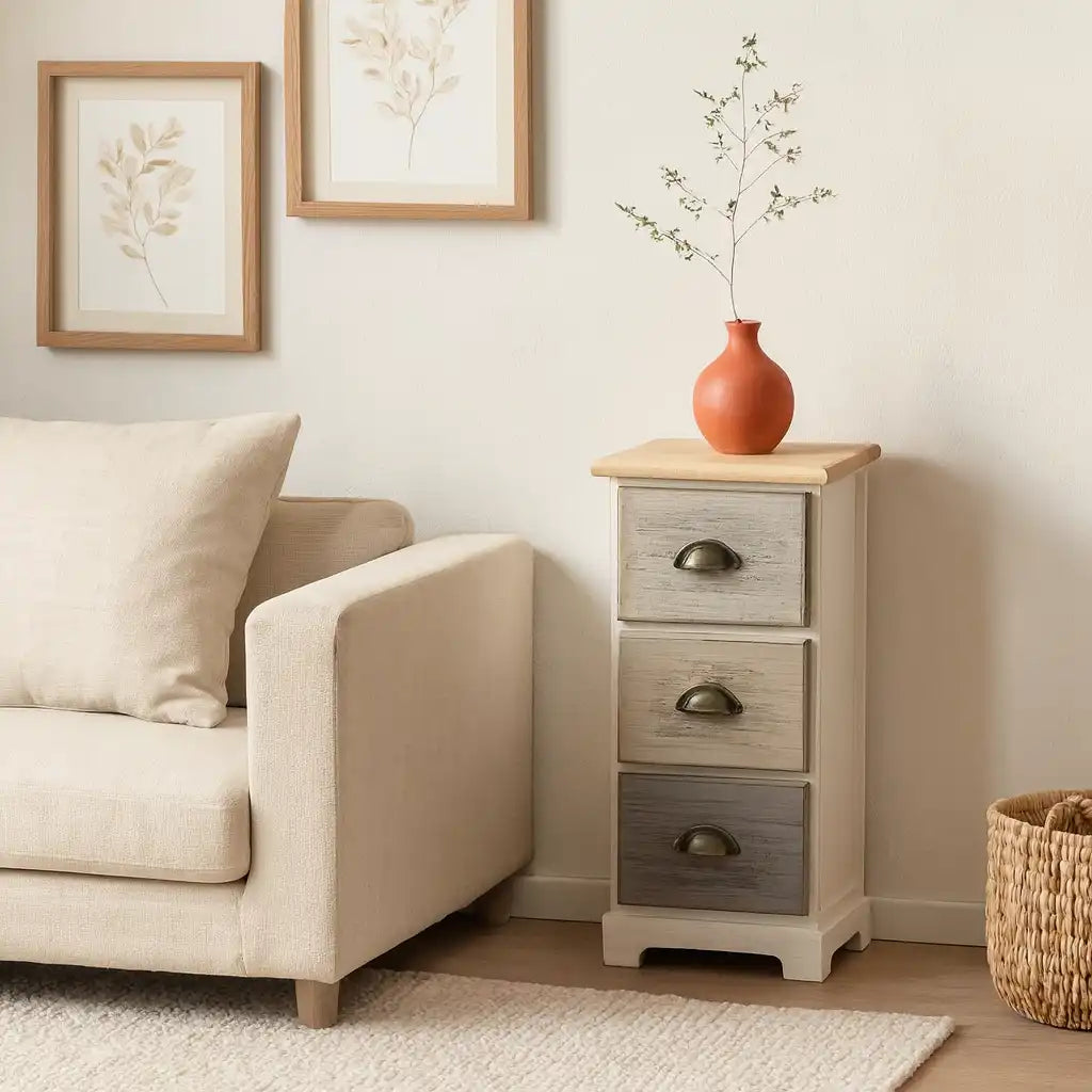 Muschio - Comodino shabby a 3 cassetti con pomelli anticati