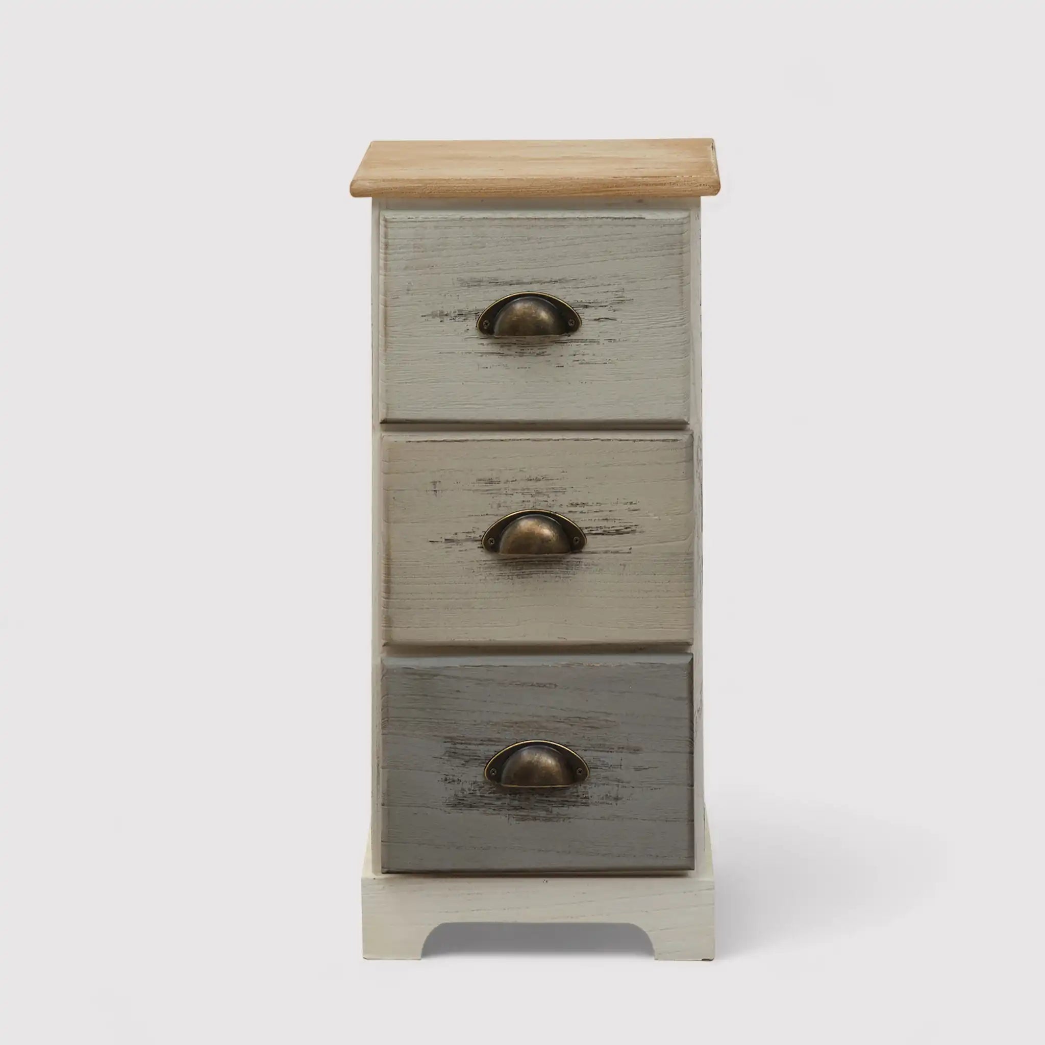 Muschio - Comodino shabby a 3 cassetti con pomelli anticati