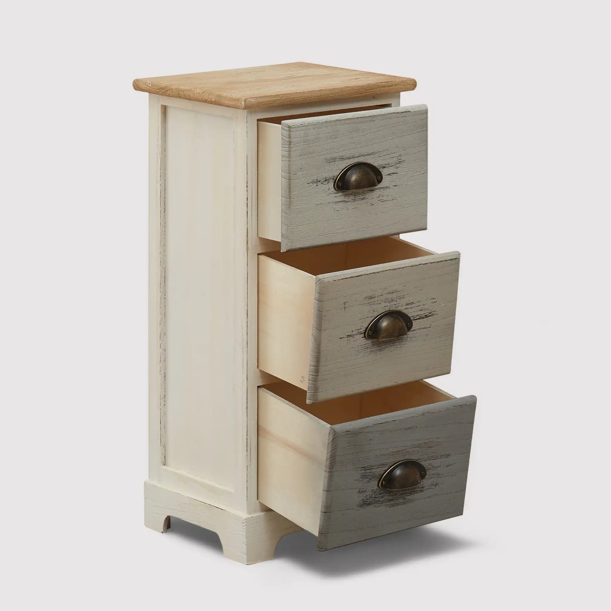 Muschio - Comodino shabby a 3 cassetti con pomelli anticati