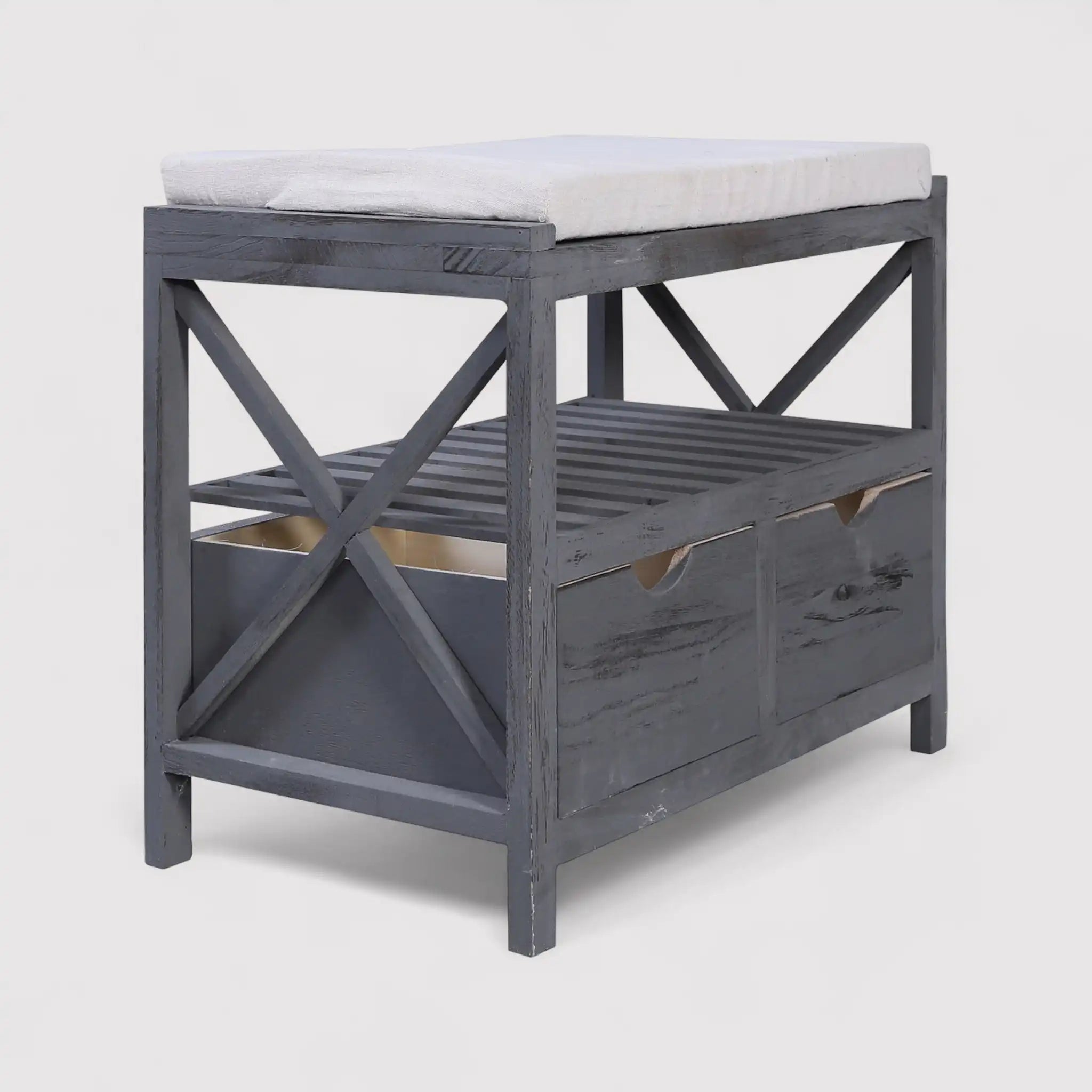 Lapacho - Panca da interno grigio scura in stile vintage con 2 cassetti