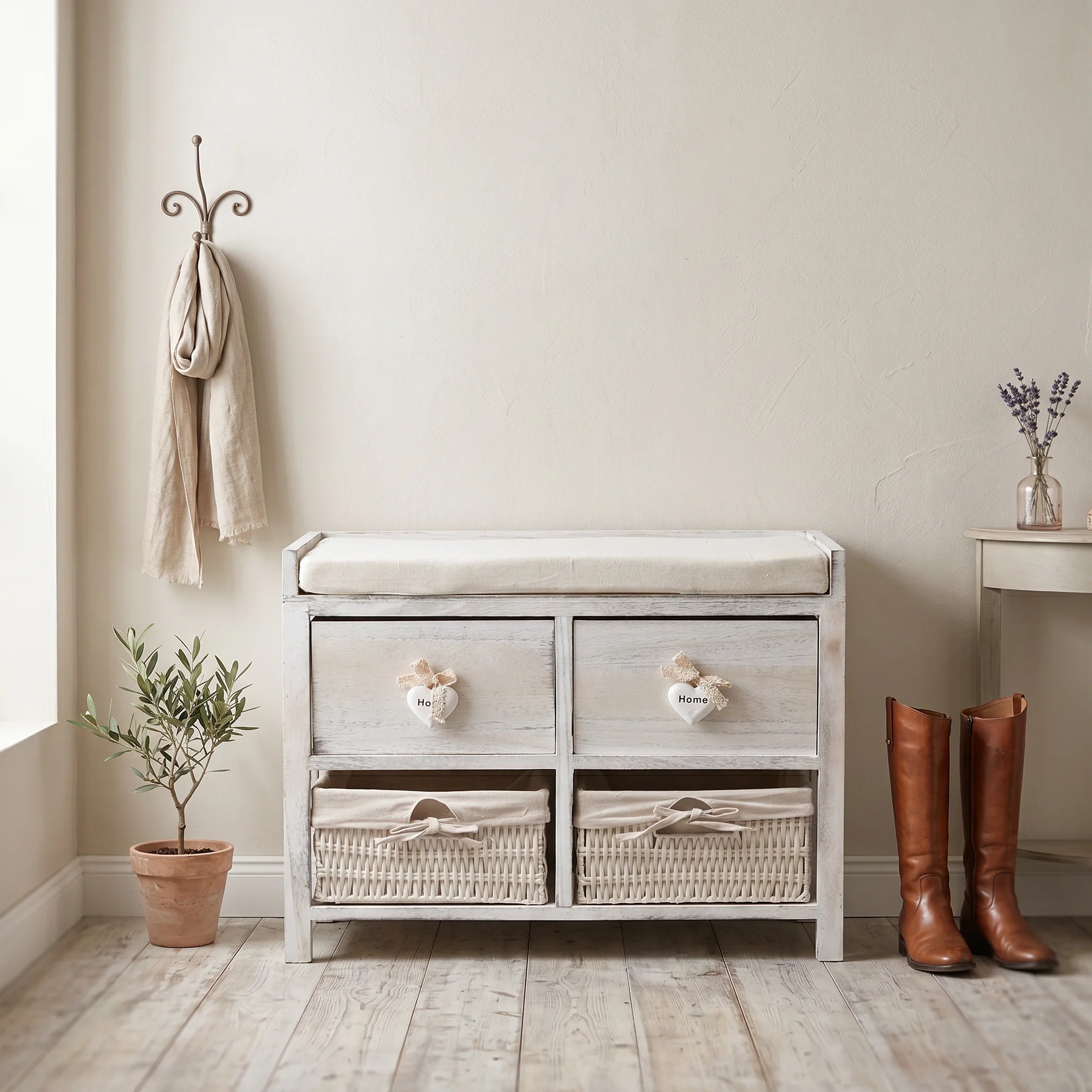 Altea - Panca contenitore shabby con 2 cassetti e 2 ceste