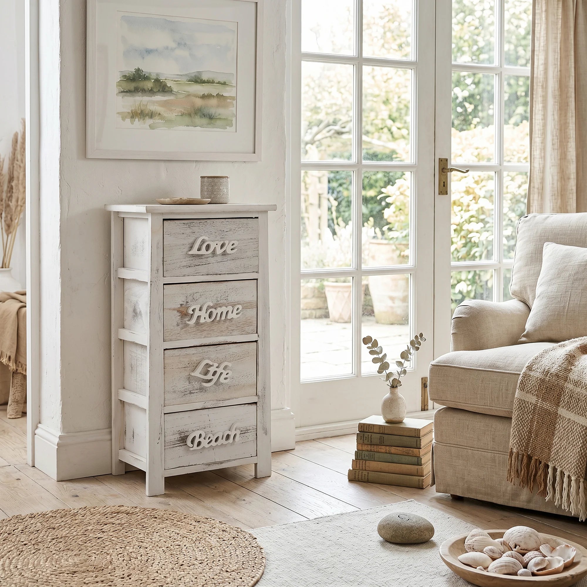 Santolina - Cassettiera bianca shabby con scritte decorative