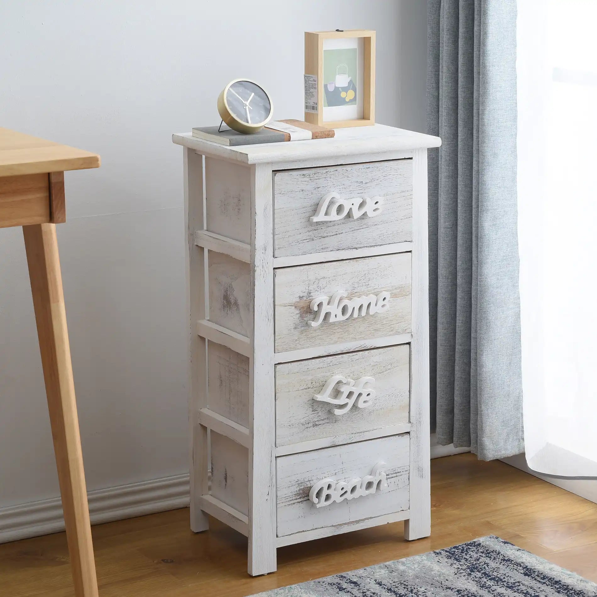 Santolina - Cassettiera bianca shabby con scritte decorative