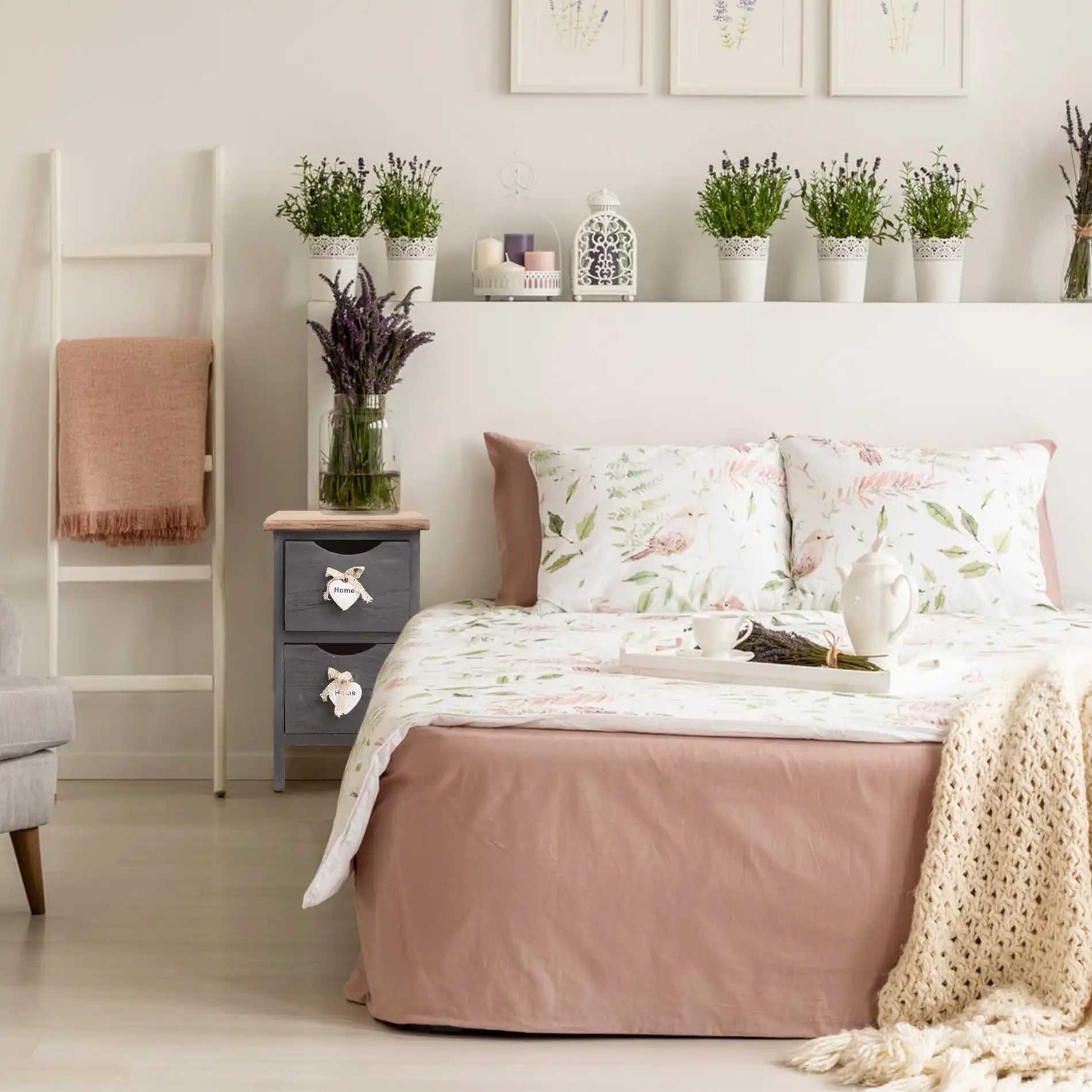 Olmaria - Piccolo comodino shabby grigio con 2 cassetti